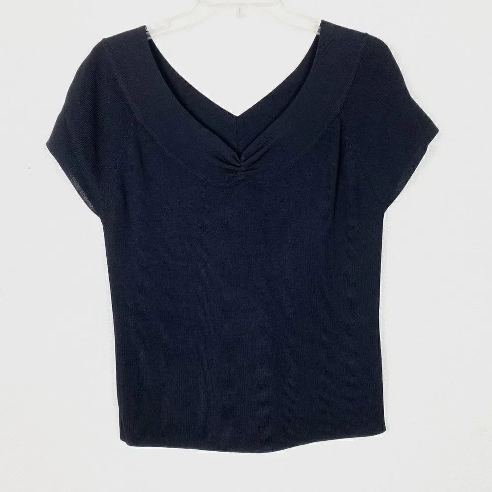 Vintage y2k Black Ruched Bust V Neck Short Sleeve Blouse